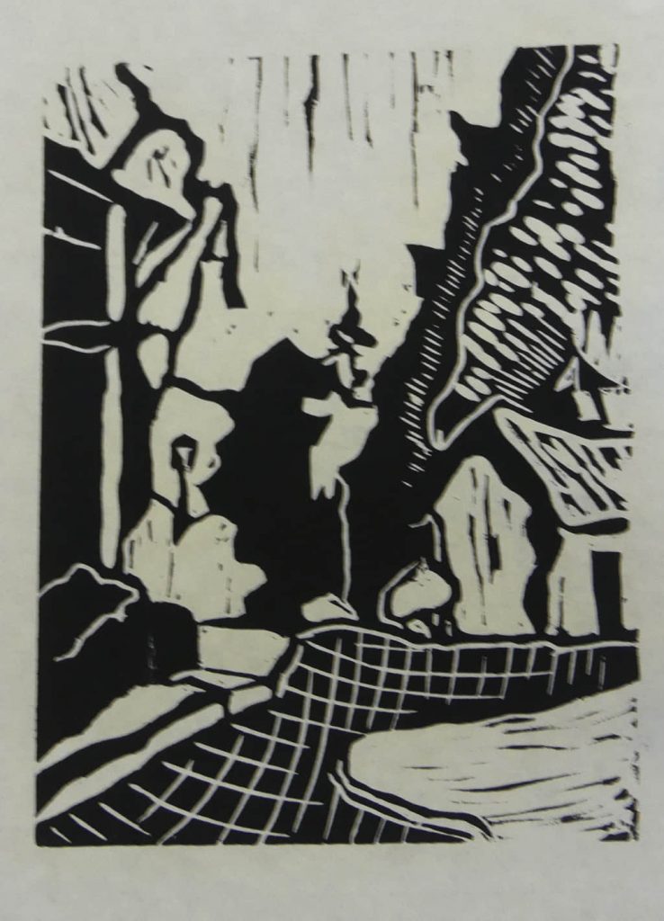 Landschaft mit Häusern in Bayer.Wald, Linolschnitt