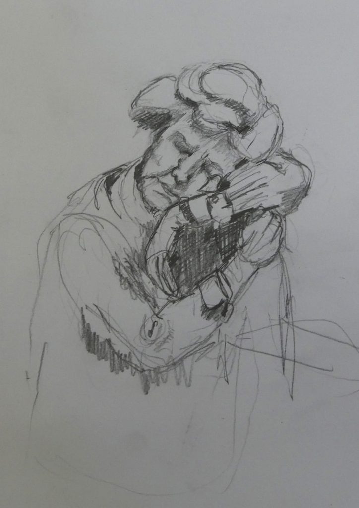 Skizze mit Bleistift, Schlafende Frau an Stuhllehne