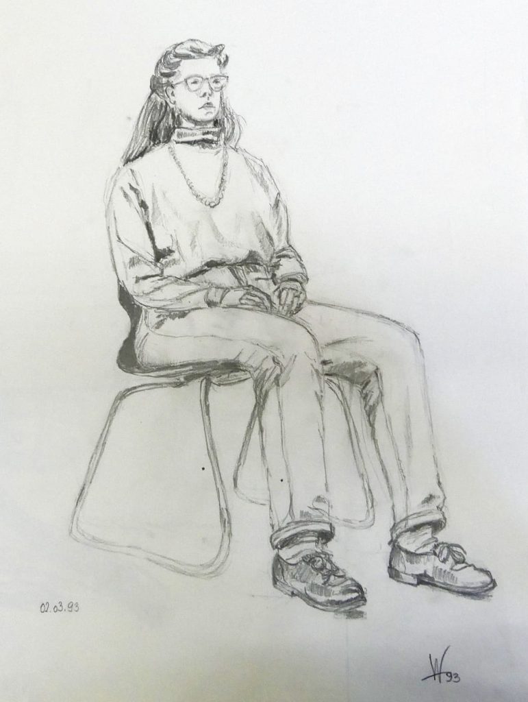 Skizze, Zeichnung, Mädchen auf Stuhl