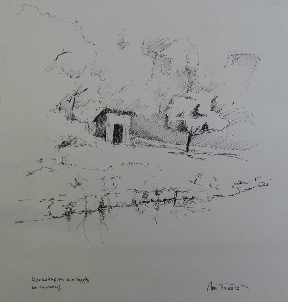 Federzeichnung; Schuppen an der Pegnitz