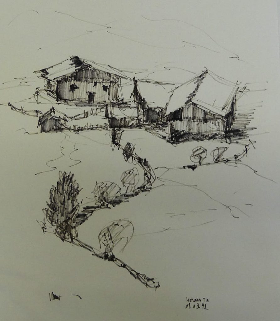 Filzstiftzeichnung, Almen in Südtirol