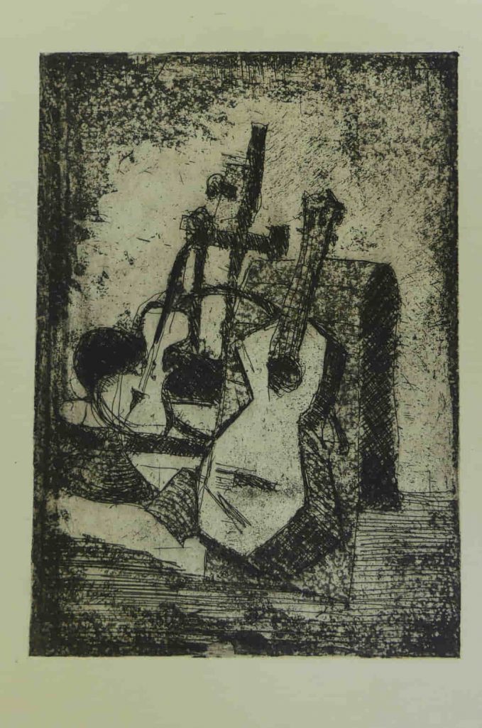 Radierung mit Musikinstrumenten