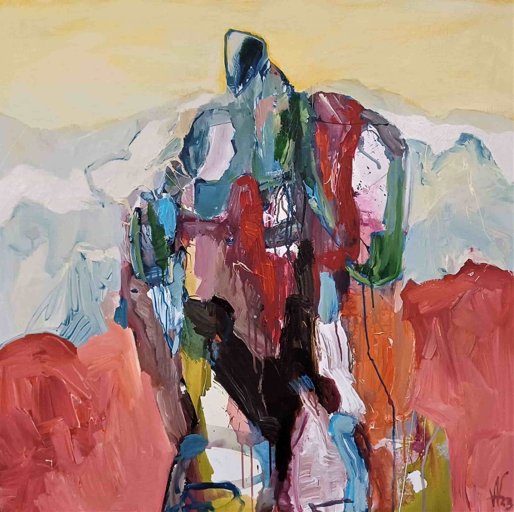 Bergsteiger auf dem Gipfel; Abendstimmung im Gebirge